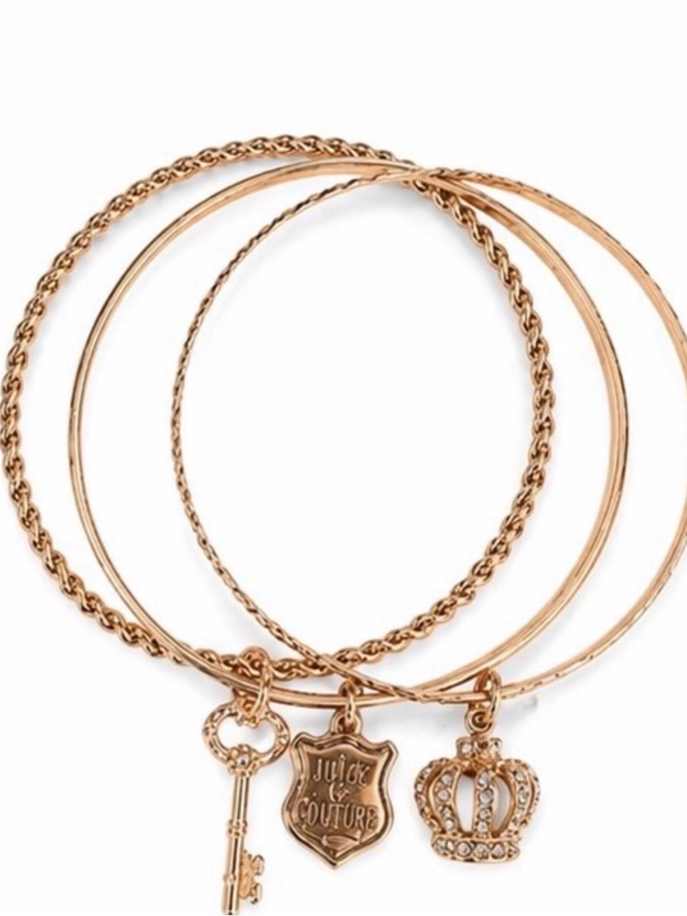 Juicy Couture NWB 3 Gold Charm Bangle Bracelet Set - Juicy, Crown & Key